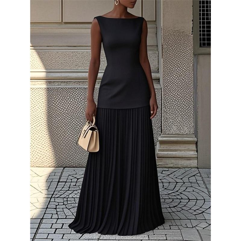 Dames 2-delig Outfit Bootnek Mouwloos Gebreide Top Geplooide Maxi Rok Set Elegante Effen Kleur Bijpassend Pak Voor Feest Dagelijks