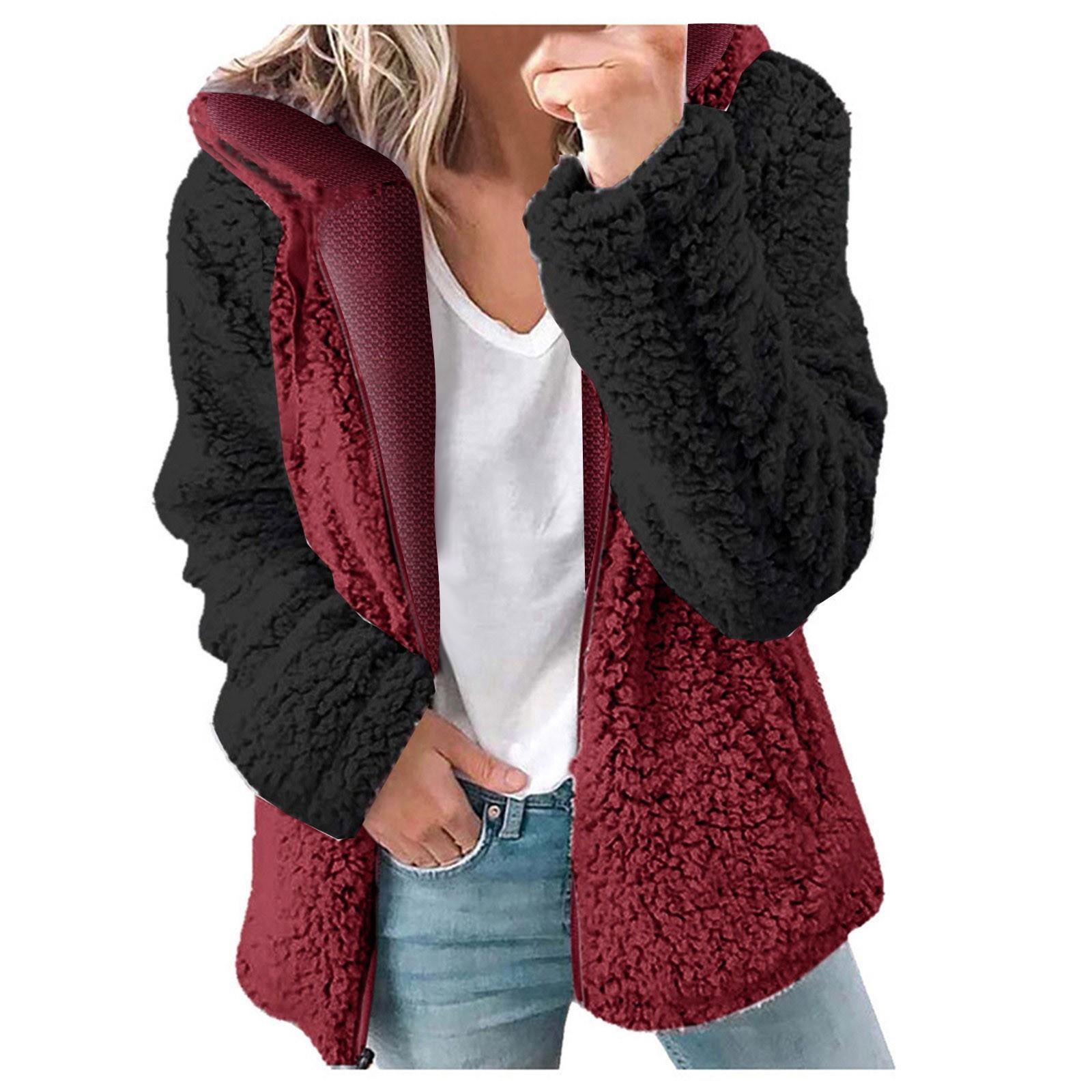 

Женская мода плюшевая молния с длинным рукавом шить теплый свитер топы пальто зимнее M