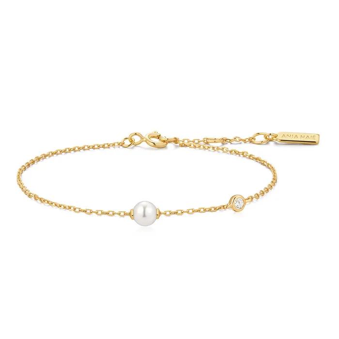Gold Shell Pearl & Bezel Sparkle 925 Silver Bracelet B075-01G.