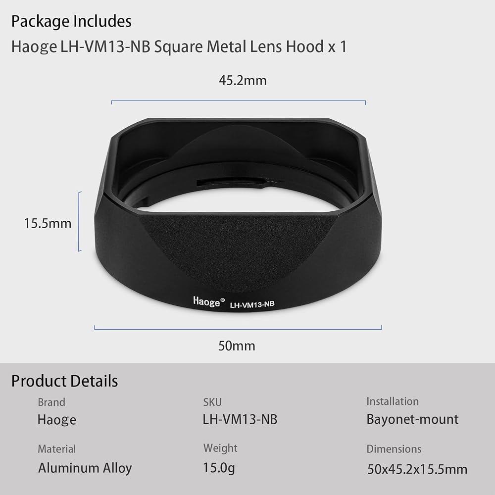 Haoge Square Metal Lens Bayonet Hood for Voigtlander 35mm F2, 35mm F1.5, 28mm F2.0 Type I & II Ultron Aspherical Vintage Line Leica VM Mount Lenses (L