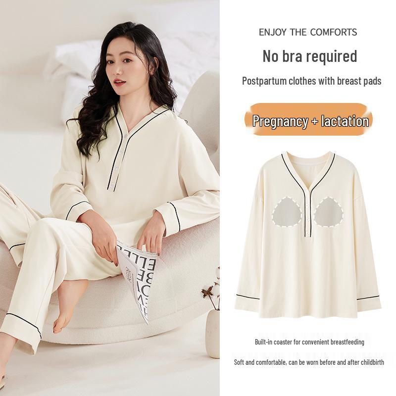 Spring & Autumn Nursing Pajamas for Postpartum Women with Breast Pads