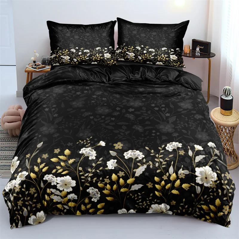 3D design Květinové soupravy povlaků na přikrývku King Queen Twin size květinový potisk Sada povlečení Ložnice Tmavě zlaté květy pro dívky Ženy