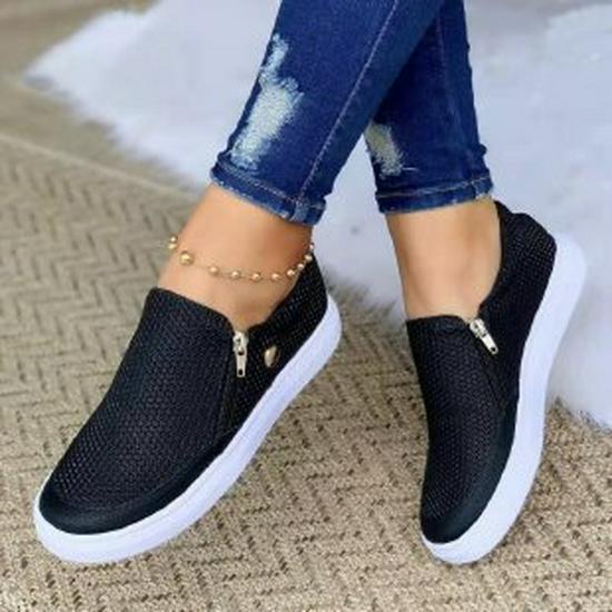 Plus Size Women's White Round Toe Flat Sneakers with Side Zipper (Sizes 36-43)
