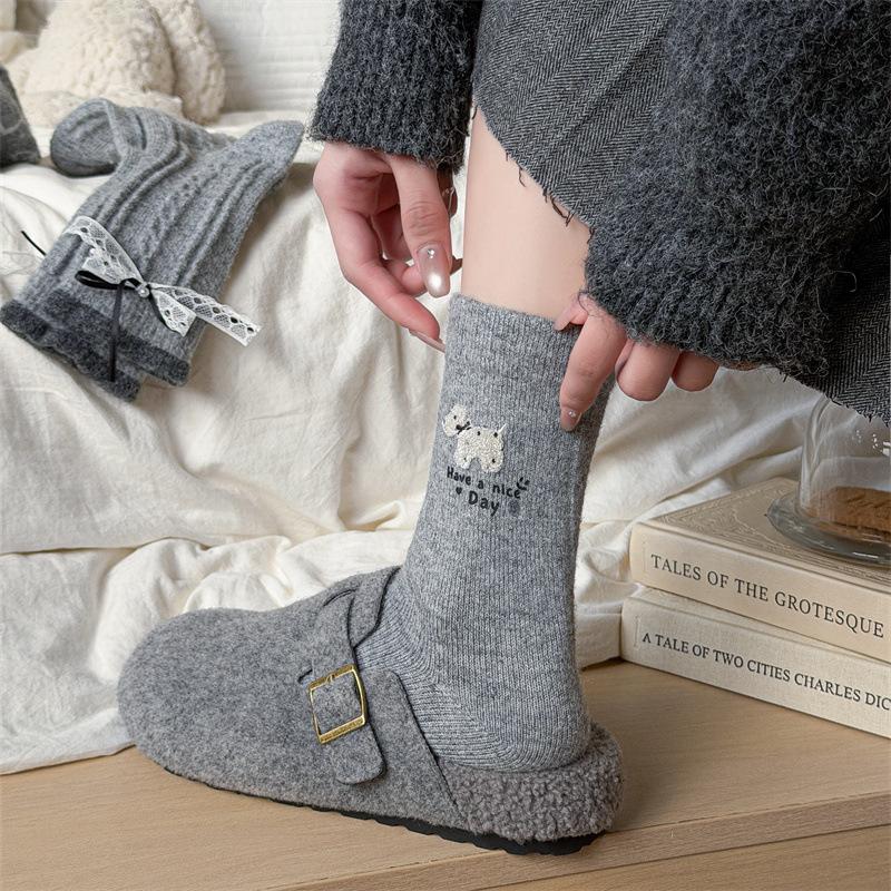 Grey Autumn and Winter Cartoon Dog Wool Thickened Women's Socks with Bow and Sweet Wind Tube Socks