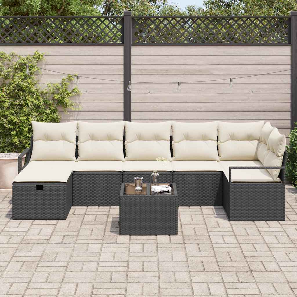 8 Piece Sofa Set with Cushions in Black and Cream Poly Rattan