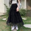 Qooth Lace Patchwork Pleated Fairy Tiered A-Line Maxi Skirt High-Waist Slimming Layered Cake Long Skirt for Women QT2866