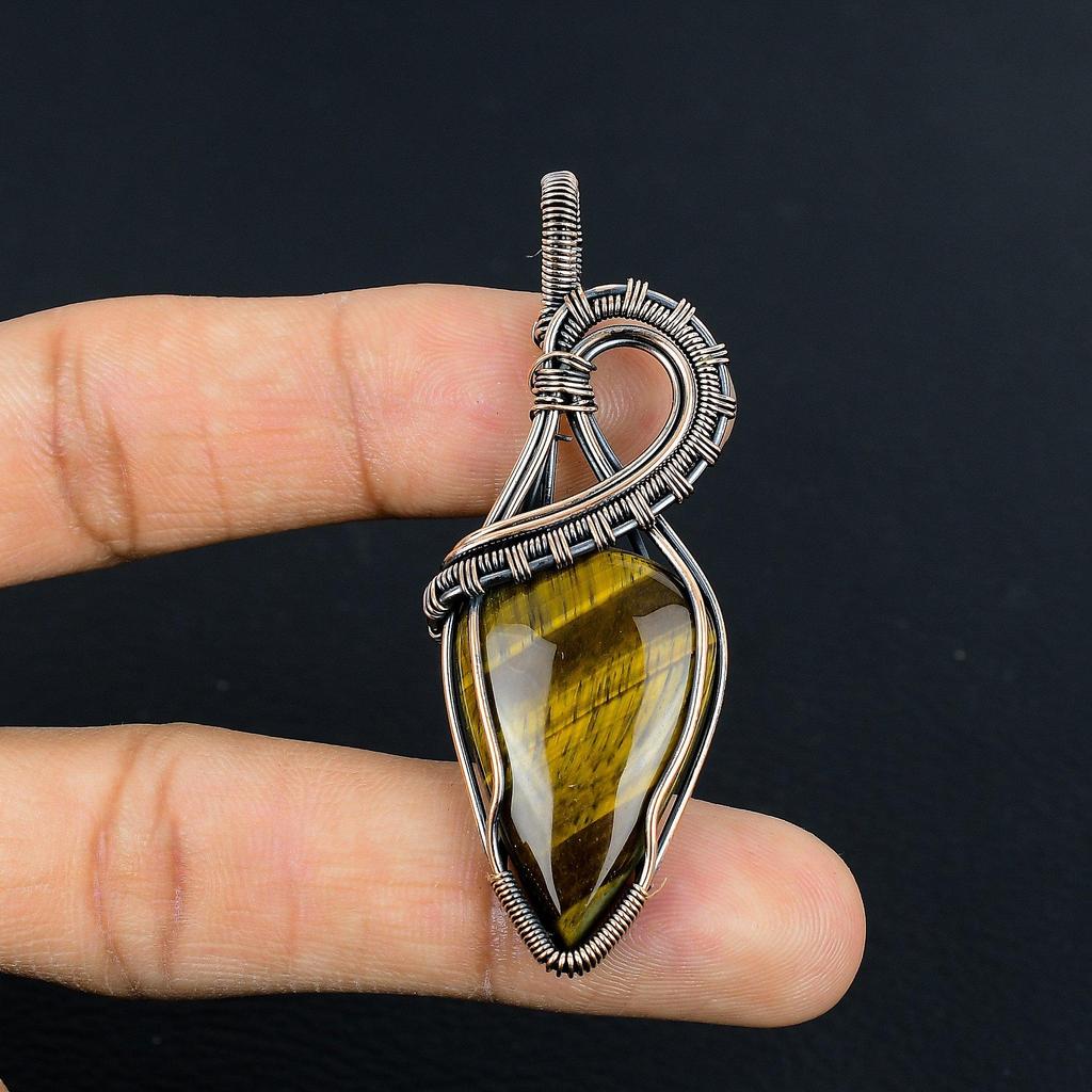 Tiger Eye Pendant, Handmade Gemstone 999 Copper Wire Wrapped Pendant Antique Jewelry, For Gift Silver Jewelry