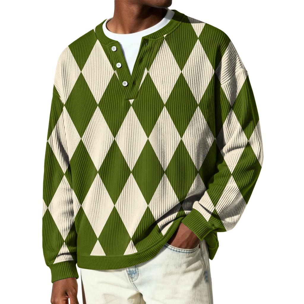 Męski sweter z dzianiny prążkowanej z długim rękawem, z kołnierzykiem zapinanym na guziki