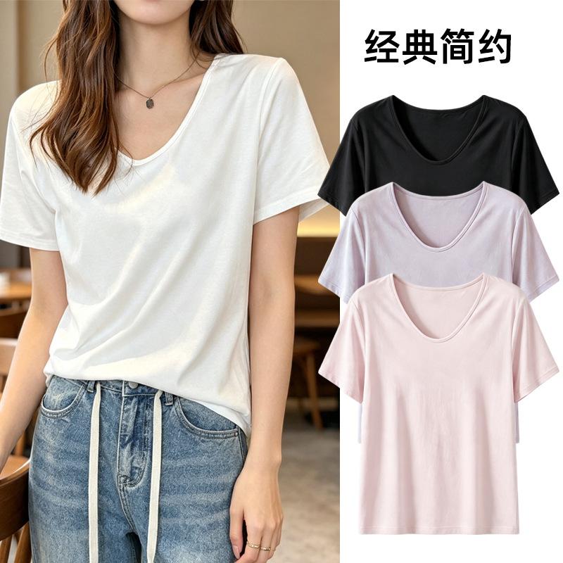 Women's Short Sleeve Top V Neck Casual Loose Fit Ice Silk Ribbed T-Shirt Solid Color Daily Wear Blouse