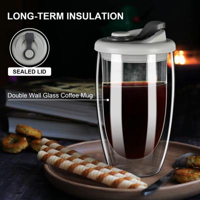Dvojité stěny Izolované sklenice Hrnky na kávu se silikonovým víčkem, Vysoce borosilikátové sklo Hrnky na kávu Přenosné 250/350/450ml Hrnky na latte