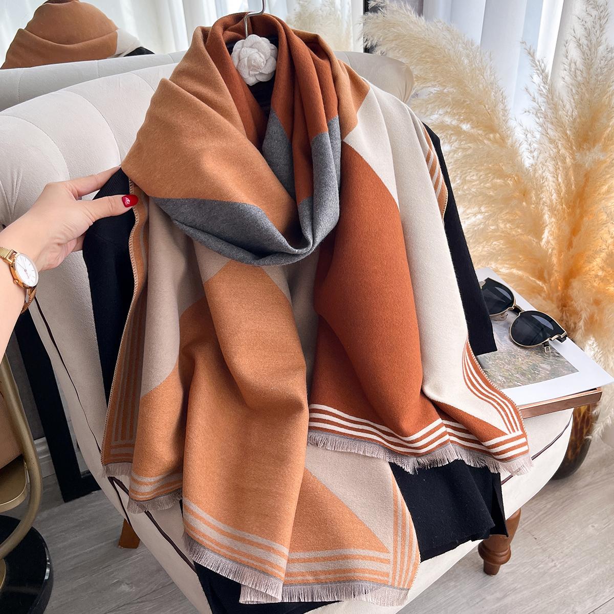 Élégance Écharpes Imprimées Recto Verso Douces Chaudes Franges Châle Pashmina Automne Hiver Extérieur Coupe-Froid Coupe-Vent Couverture Écharpe black