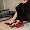 French New Cross Word with Bag Head Sandals Thin Heel Pointed Royal Sister Sexy Red Sole Black High Heels Temperament