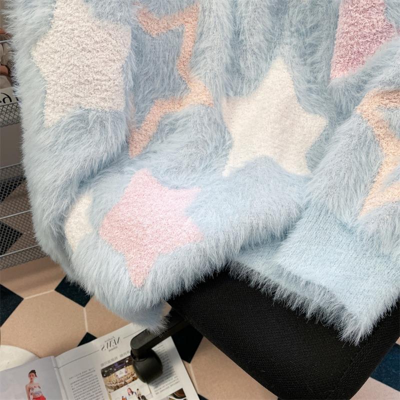 Star Jacquard Women's Sweater Plush Round Neck Long Sleeved Knitted Sweaters Loose Fashion Woman Trendy Pullover Top