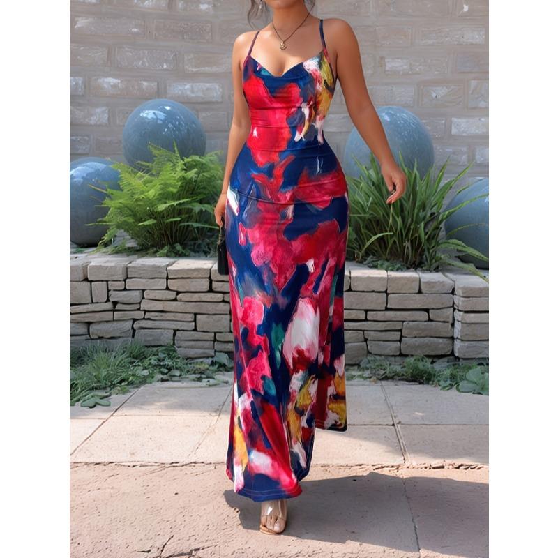 

2026 Sleeveless Abstract Printed Spaghetti Strap Dress Women s Cross Backless A-line Holiday Maxi Dress Cowl Neck Cross Back Casual Clothing XL червоний
