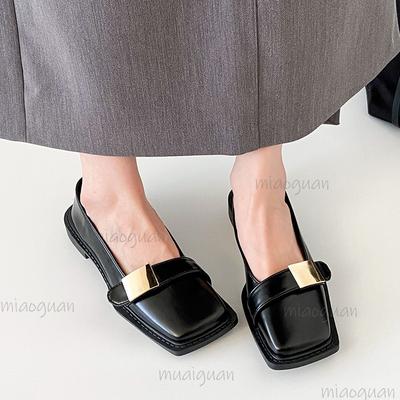 Pantofi Negri cu Toc Mediu Vintage pentru Femei, Pantofi Loafers cu Talpă Moale și Cataramă, Pantofi din Piele cu Vârf Pătrat pentru Femei, Pantofi la Modă pentru Birou