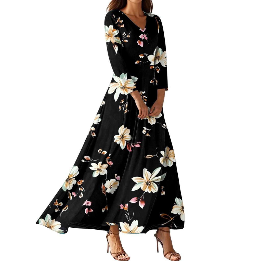 Women's Fashion V-Neck Floating Beach Dresses Seven Sleeve Floral Printed Dresses
