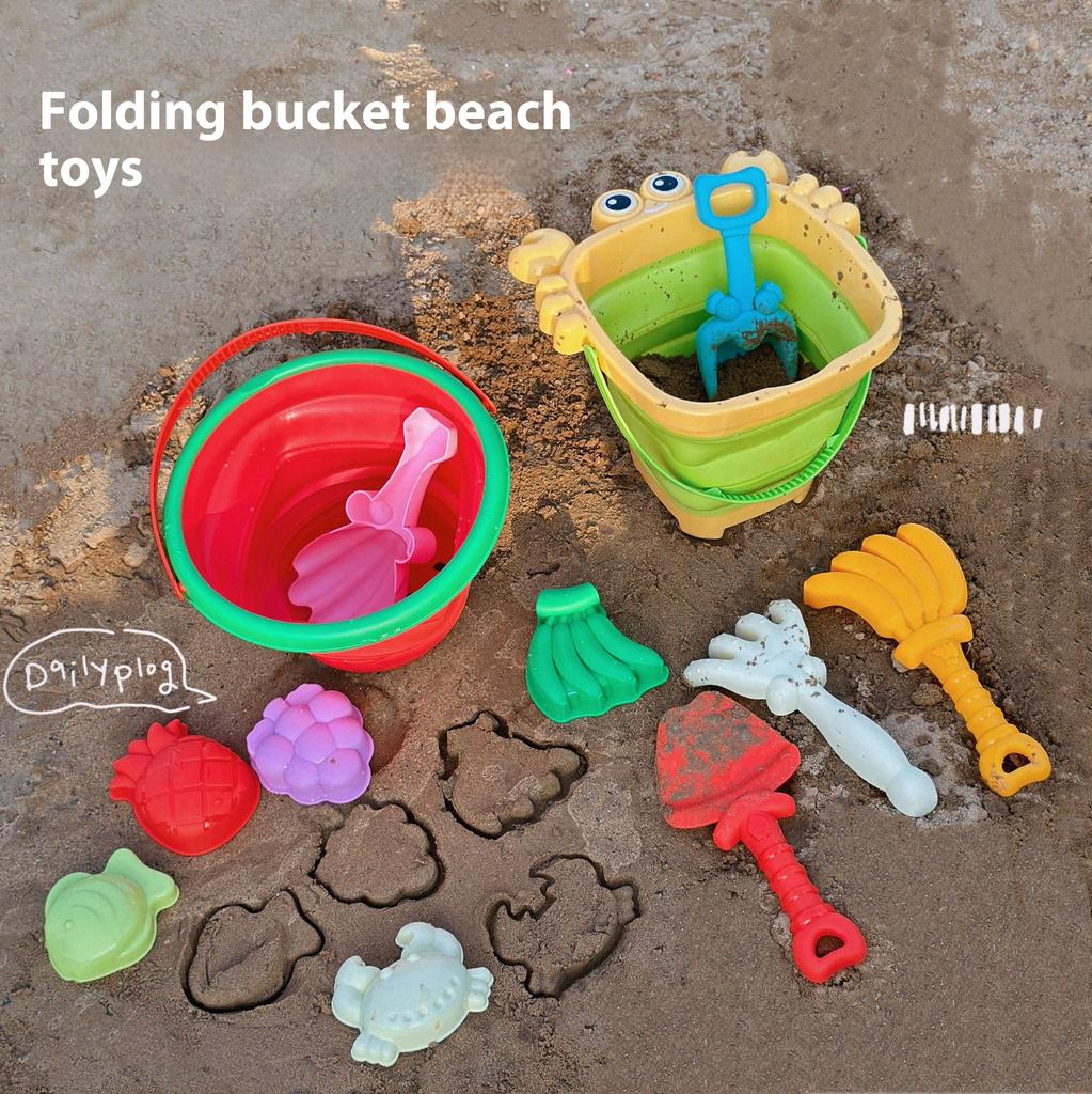 Faltbares Eimer-Strandspielzeug-Set, kreative Sandwerkzeuge und Fruchtformen - perfekt zum Spielen und Reisen