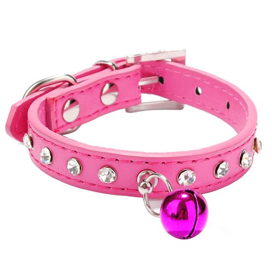 Adjustable Pet Dog Crystal Rhinestone Bell Collar Soft Faux Leather Neck Strap