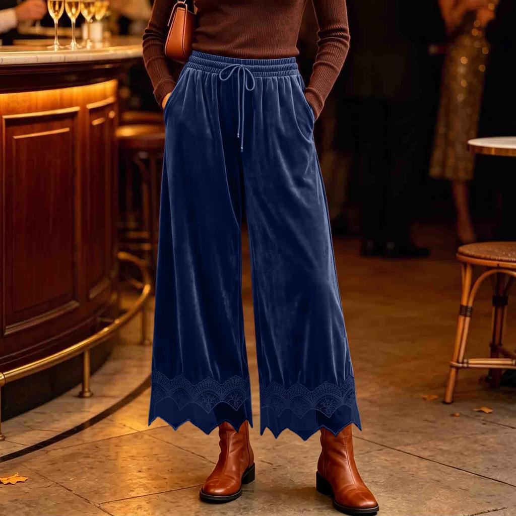 Women's Fashion Color Casual Wide Leg Pants with Elastic Waist and Pockets