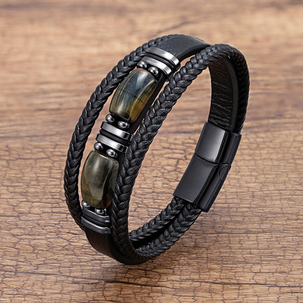 Multi-layer Braided Leather Charm Bracelet Red Blue Tiger Eye Stone Bracelet For Men Simple Stainless Steel Zircon Accessories
