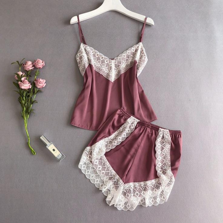 Pajama set, women's ice silk thin style with chest pad suspender shorts, two new lace can be worn outside loungewear