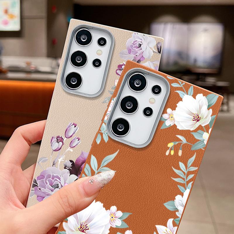 For Samsung S25 Ultra S24 FE S23 S22 A16 A56 A36 A55 A26 A35 Case Flower Pattern Slim Shockproof Matte Leather Texture TPU Soft Lanyard Phone Cover
