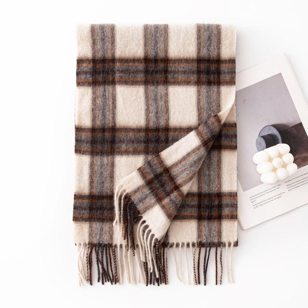 Women's 100% Wool Plaid Scarf - Korean Style, Autumn/Winter 2025, Long Tassel Shawl, Cold-Proof and Warm