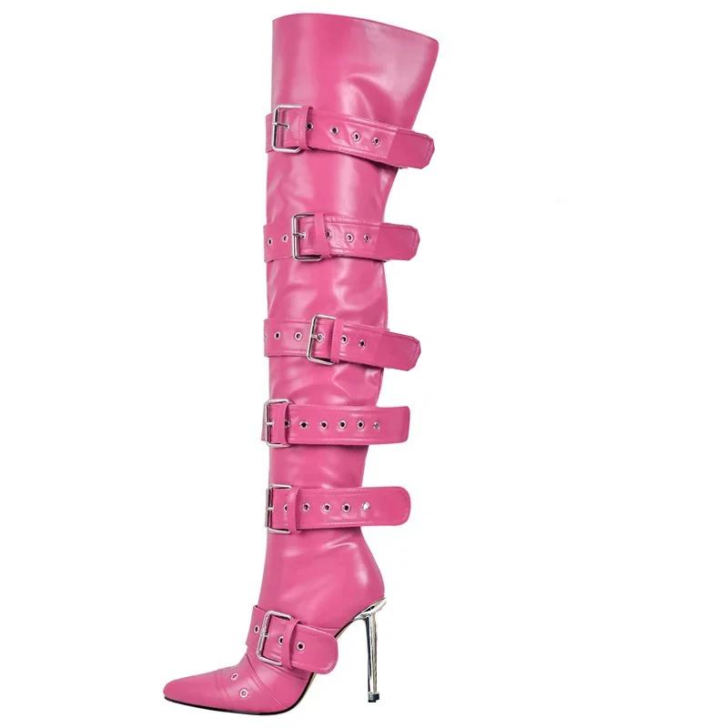 Fashion New Hollow Out Rivet Belt Buckle Red Black Over The Knee Boots Hot Girl Sexy Punk Style Pole Dance Pointed High-heel Long Boots