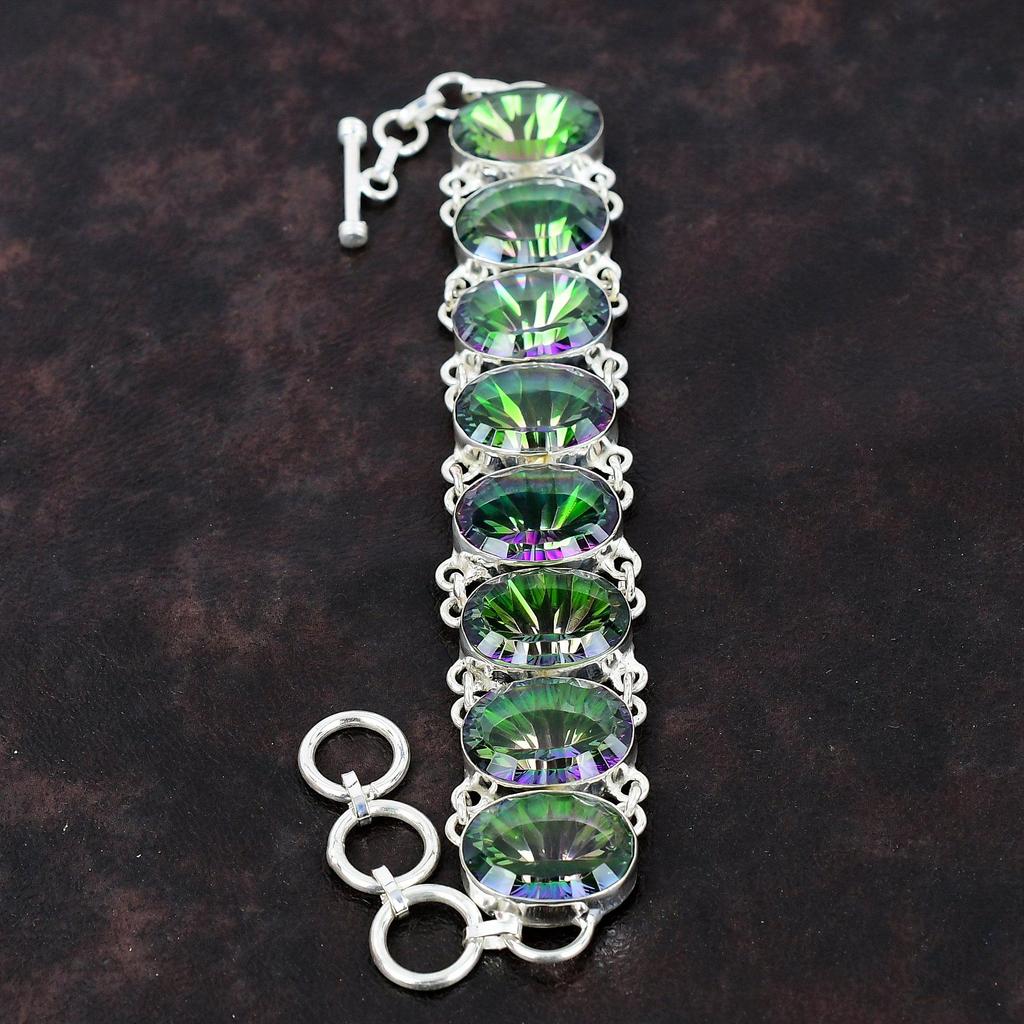 Faceted Rainbow Mystic Topaz Bracelet 925 Sterling Silver Bracelet Adjustable Chain Bracelet Handmade Natural Gemstone Bracelet Gift For Him