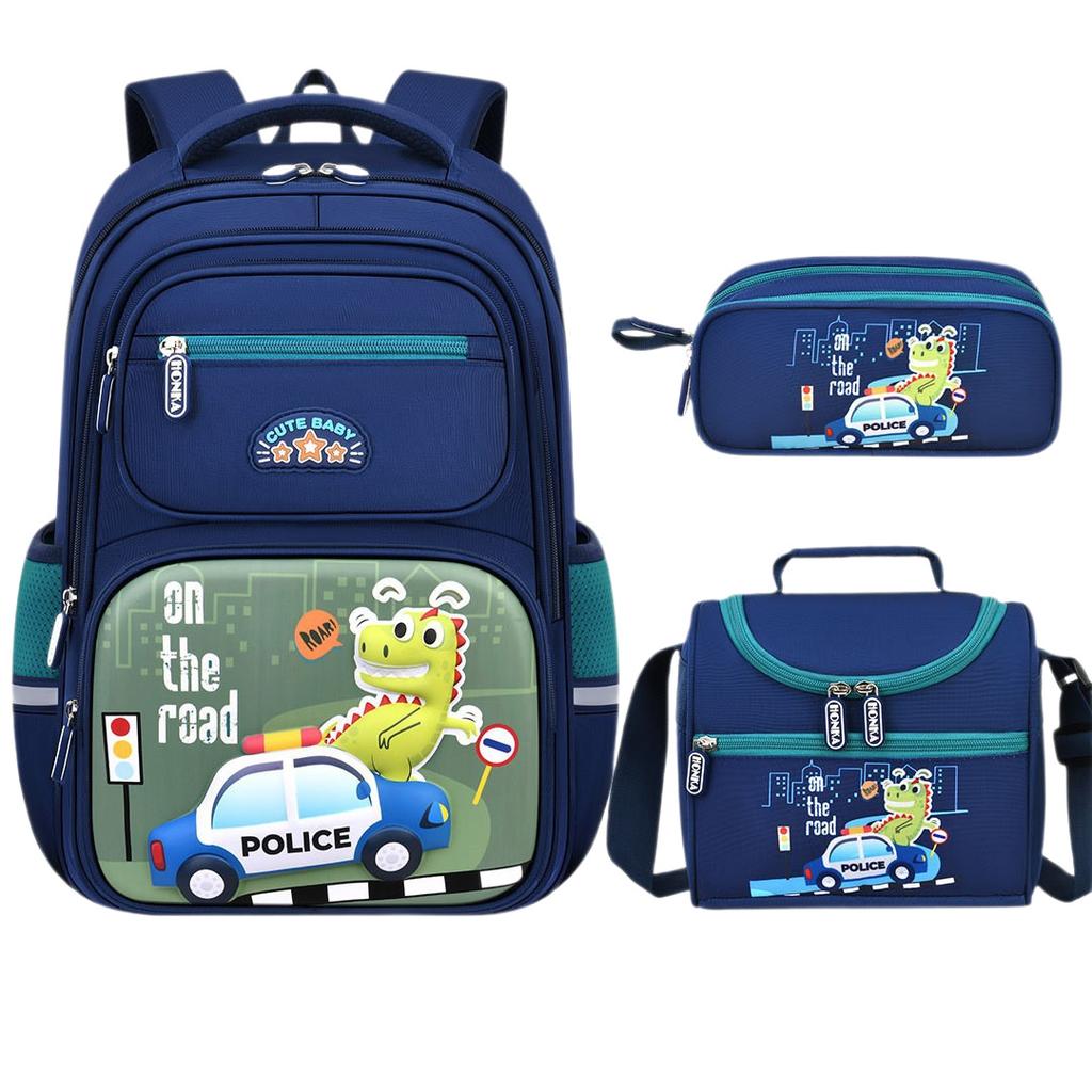Elementary School Bag Three-Piece Burden Reduction Backpack Children'S Cartoon Dinosaur Backpack Pencil Bag Meal Bag Dragon