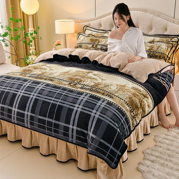 Cozy Flannel 230g Milk Velvet Printed Bed Set with Skirt - New Autumn/Winter Collection, Hot Seller