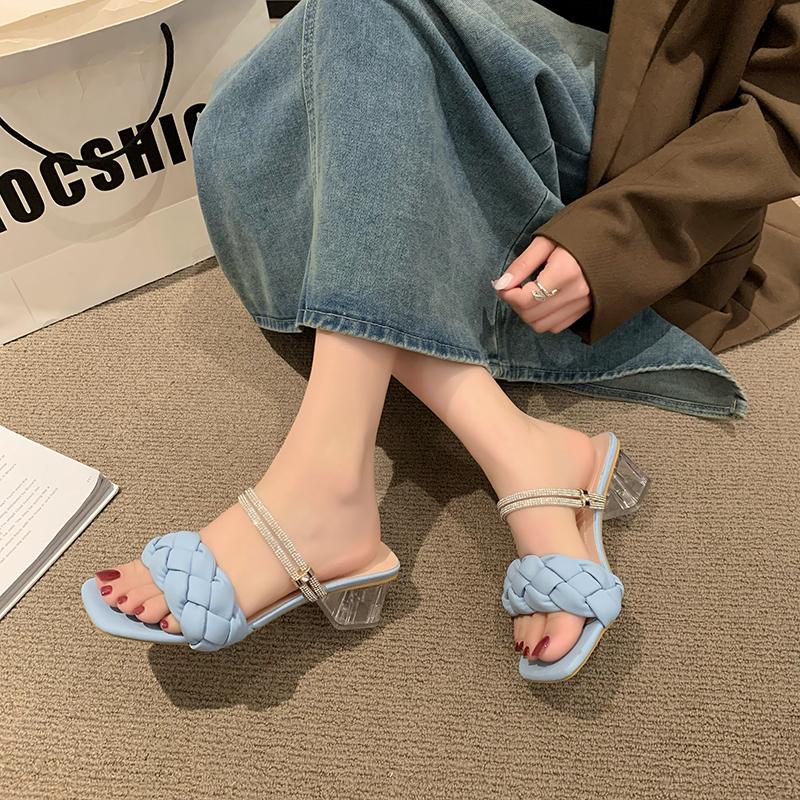 Fashion Square Low Heel Woman Sandals 2024 Summer Weave Designer Open Toe Fashion Mid Heels Leather Casual Outside Lady Beach Shoes