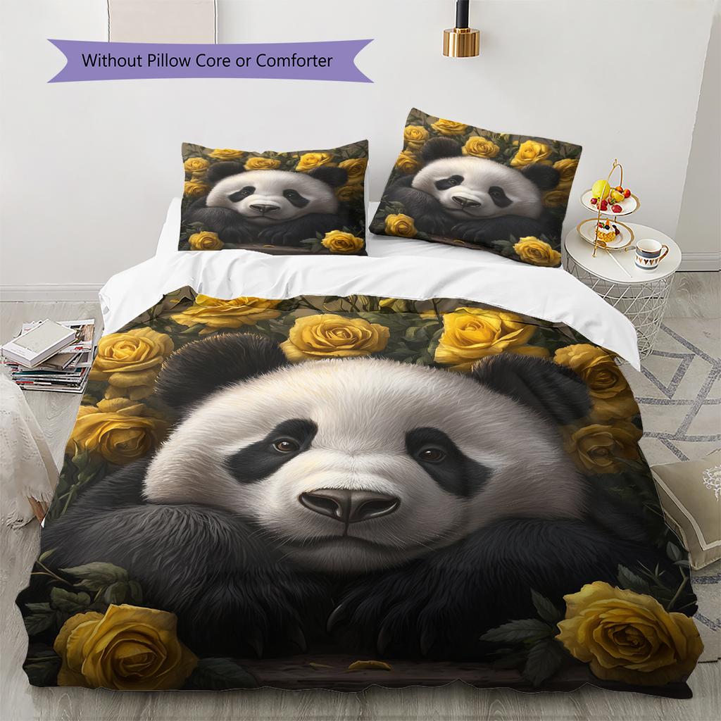 Panda and Rose Pattern Bedding Home Decoration Birthday Gift (1 * duvet cover + 2 * pillowcase, without core)