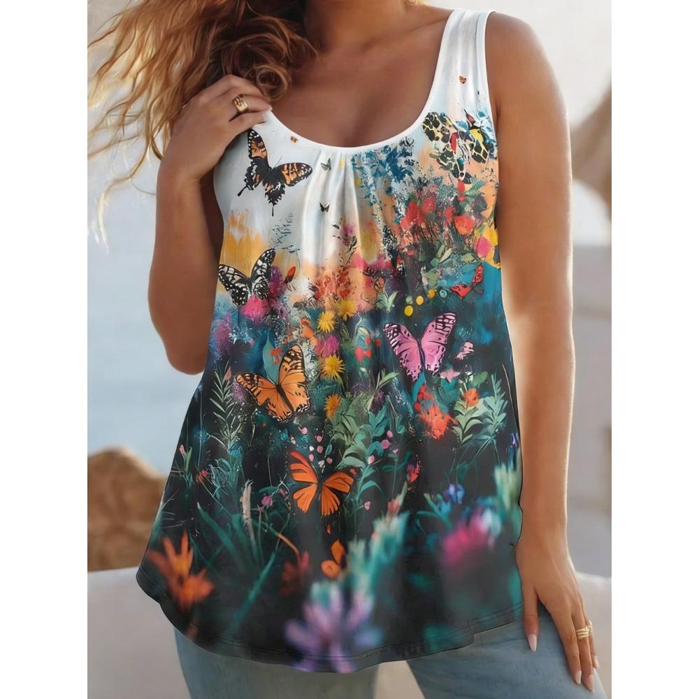 Summer Women's Large Size 3D Printing Flower Vest Loose Fashionable Comfortable Soft Breathable O Neck Sleeveless Vest