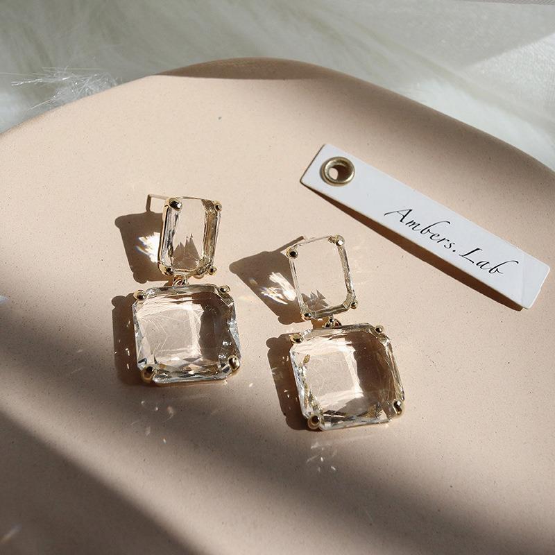 Silver Needle Transparent Geometric Square Artificial Crystal Earrings European and American Exaggerated Niche Design Earrings Fashion Earrings