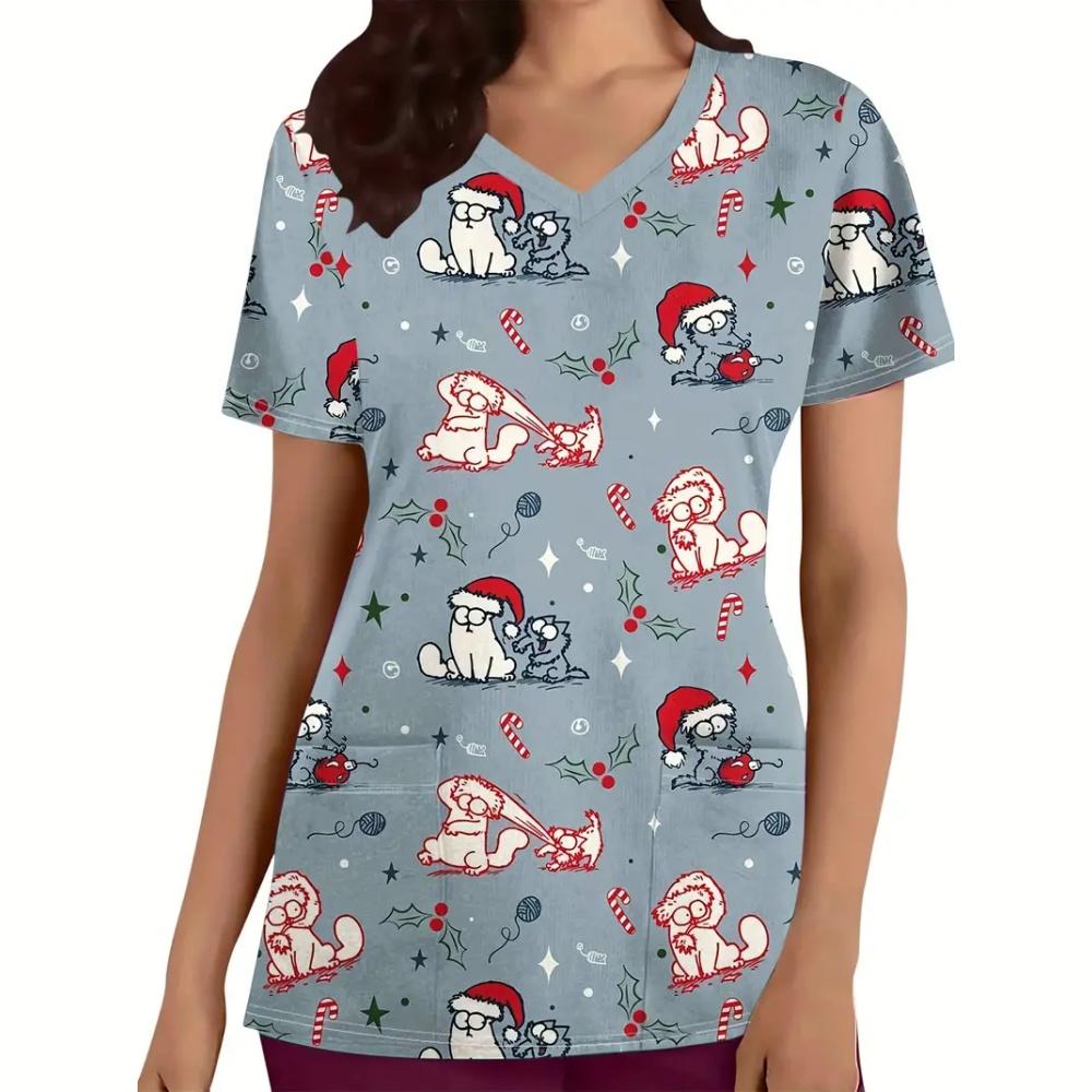 New Christmas Surgical Uniforms Woman Vet Dental Medical Uniform Microstretch V-Neck Short-Sleeve Tops Women's Medical Uniforms