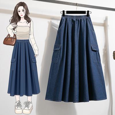 Plus Size Spring Denim Skirts Women Clothing Blue Pockets Fashion A-Line Jeans Skirt High Waist