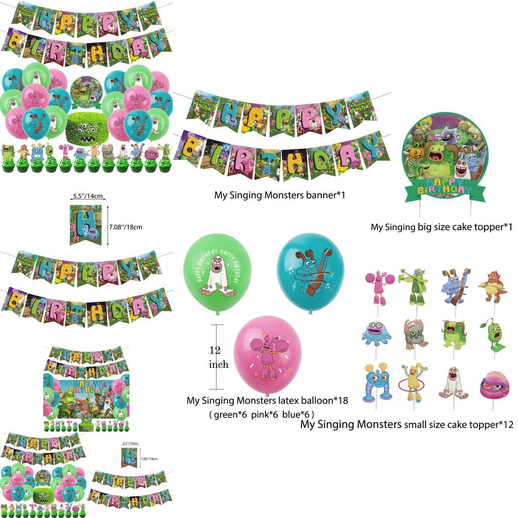 Colorful Monster Music Concert Birthday Party Decorations Forest Creature Bunting Banner Balloons Cake Toppers