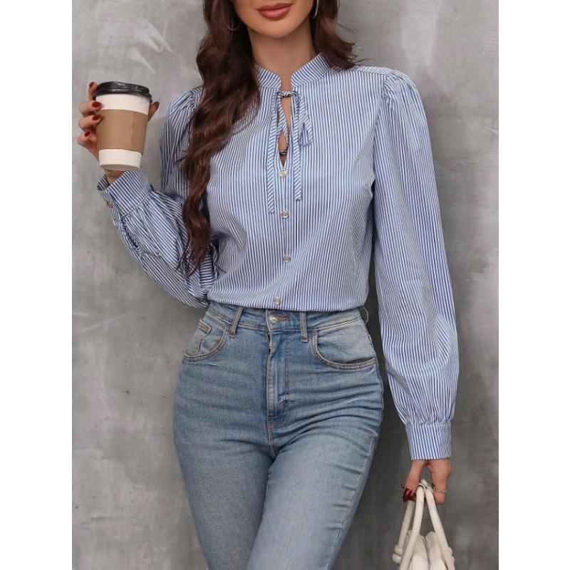 Spring and Autumn New Fashion Women's Stand Collar Tie Button Striped Long Sleeve Shirt