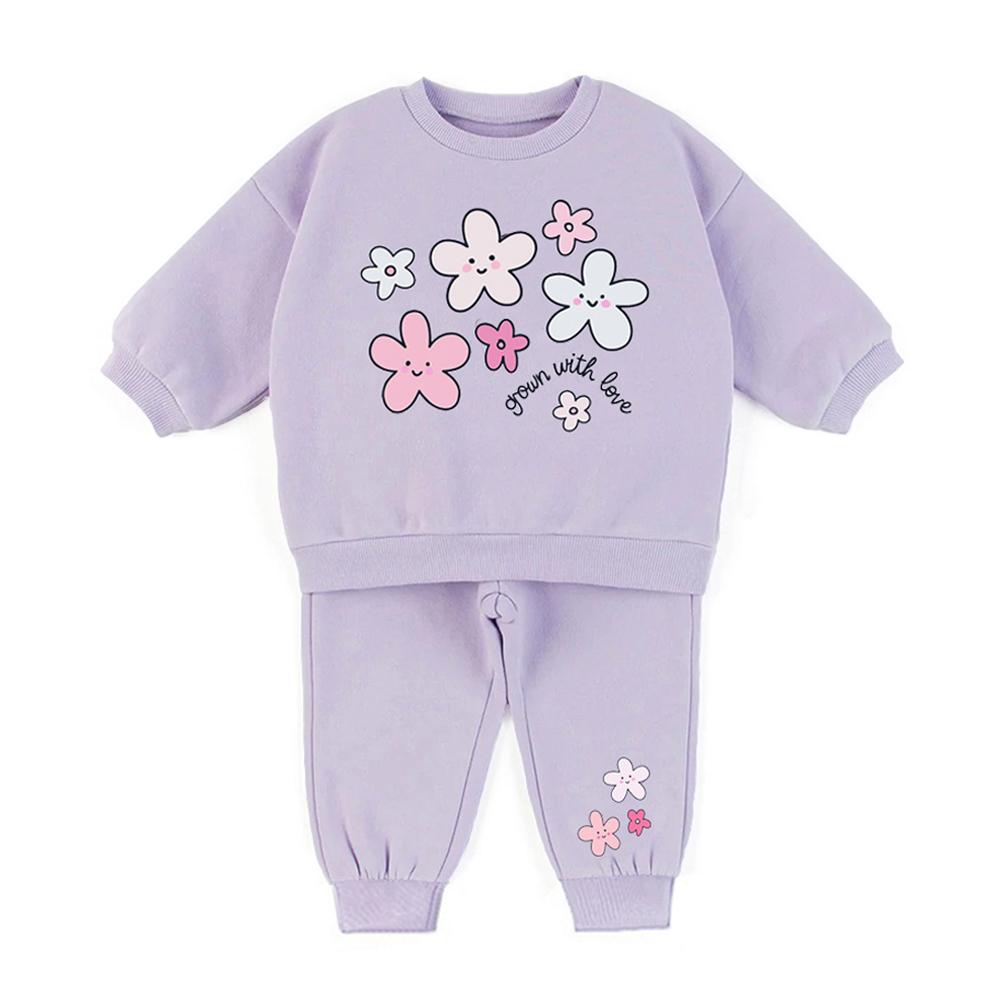 Warm Fleece Lined Baby Clothes Set Cute Round Neck Sweatshirt + Pant Kids Boy Girl Clothing
