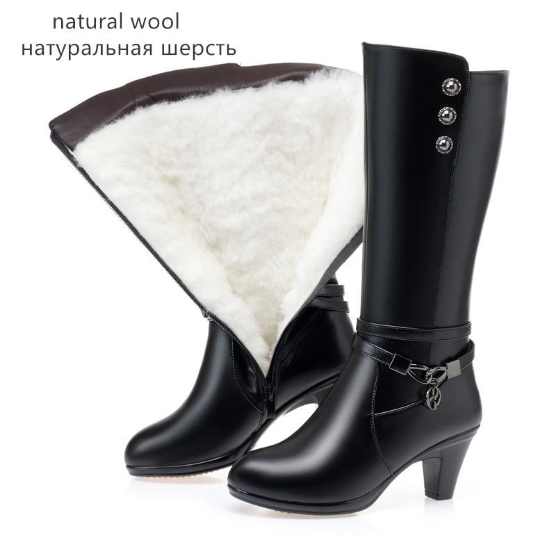 New Winter Footwear Genuine Leather Women's Boots Fashion Chain Wool Warm Boots Women High Heel Riding Boots Shoes Women