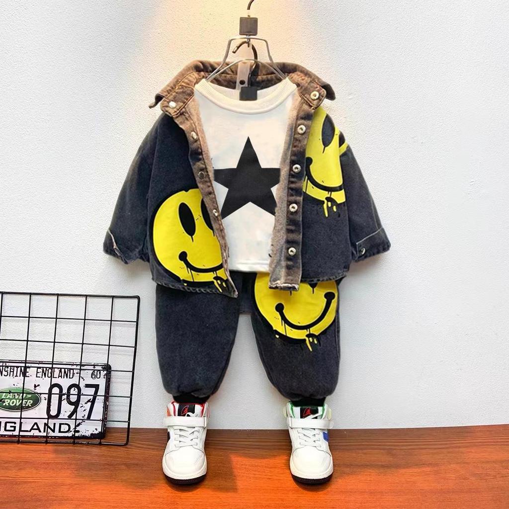 Boys' Smiley Face Denim Set: Fashionable 2026 Star T-shirt for Toddlers and Young Children