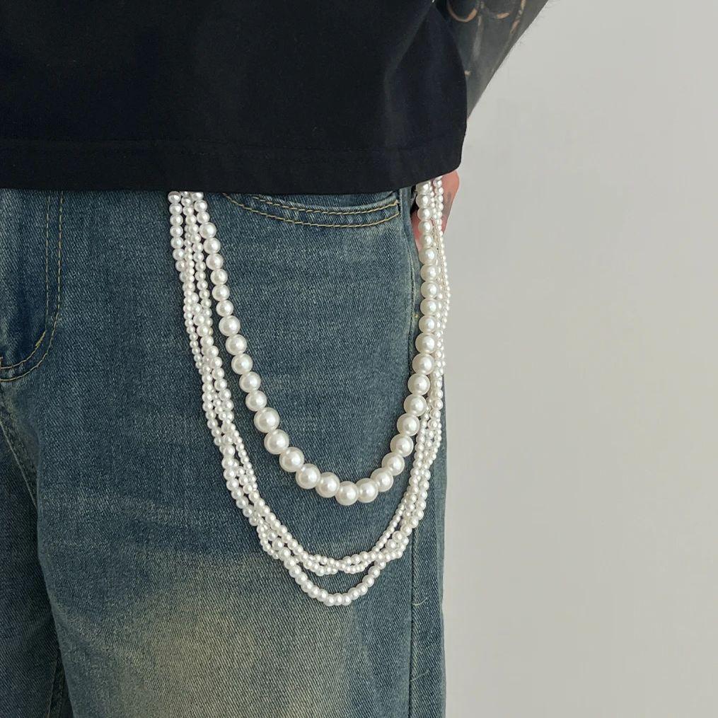 

SHIXIN Trendy Multi Layer Imitation Pearl Belt Pants Chain Men Women Hip Hop Beaded Jeans Waist Chain Unisex Jewelry Accessories белый
