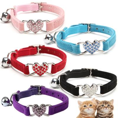 Cute Elastic Crystal Dog Collar Pet Necklacce Bell Heart Shape Velvet