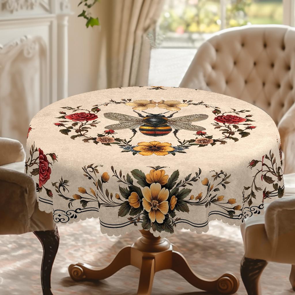 Tovaglia Floreale Vintage a Tema Api, con Rose Eleganti e Delicate e Altri Fiori, Stampe di Api Realistiche, Bordi Goffrati, Impermeabile, Antirughe
