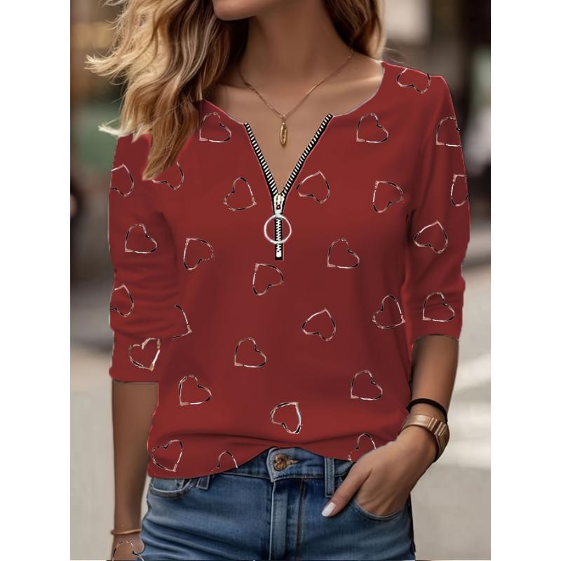 2026 Women's New Casual Heart Print Long Sleeve V-Neck Zipper T-Shirt