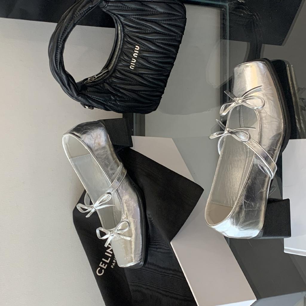 2025 New Square Head Bow Silver Word with Light Mouth Thick High Heel Thin Mary Jane Women's Shoes