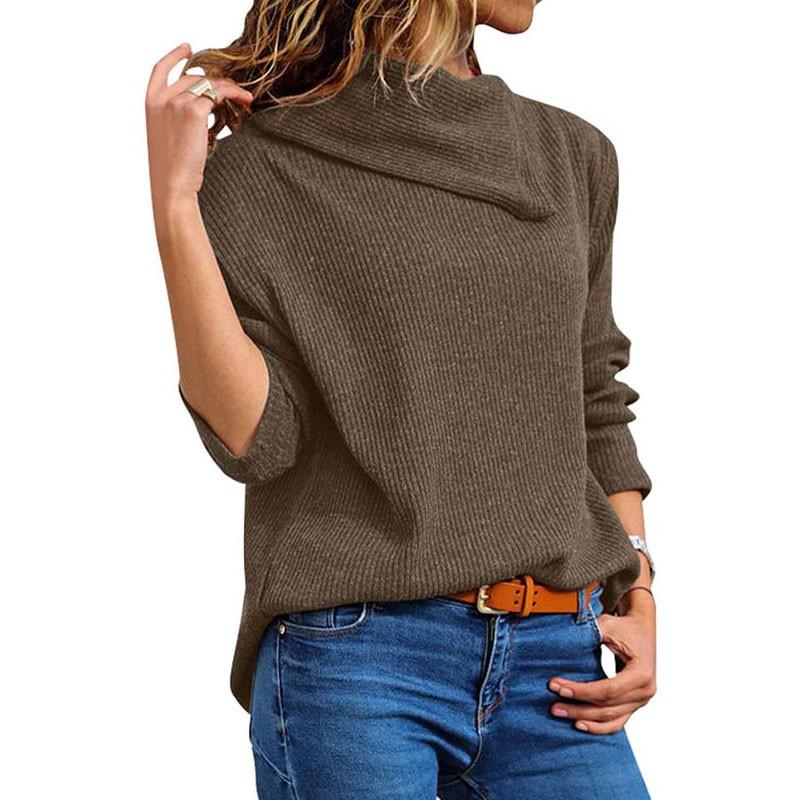

Women Solid Color Asymmetric Neck Long Sleeve Knitted Sweater XL коричневий