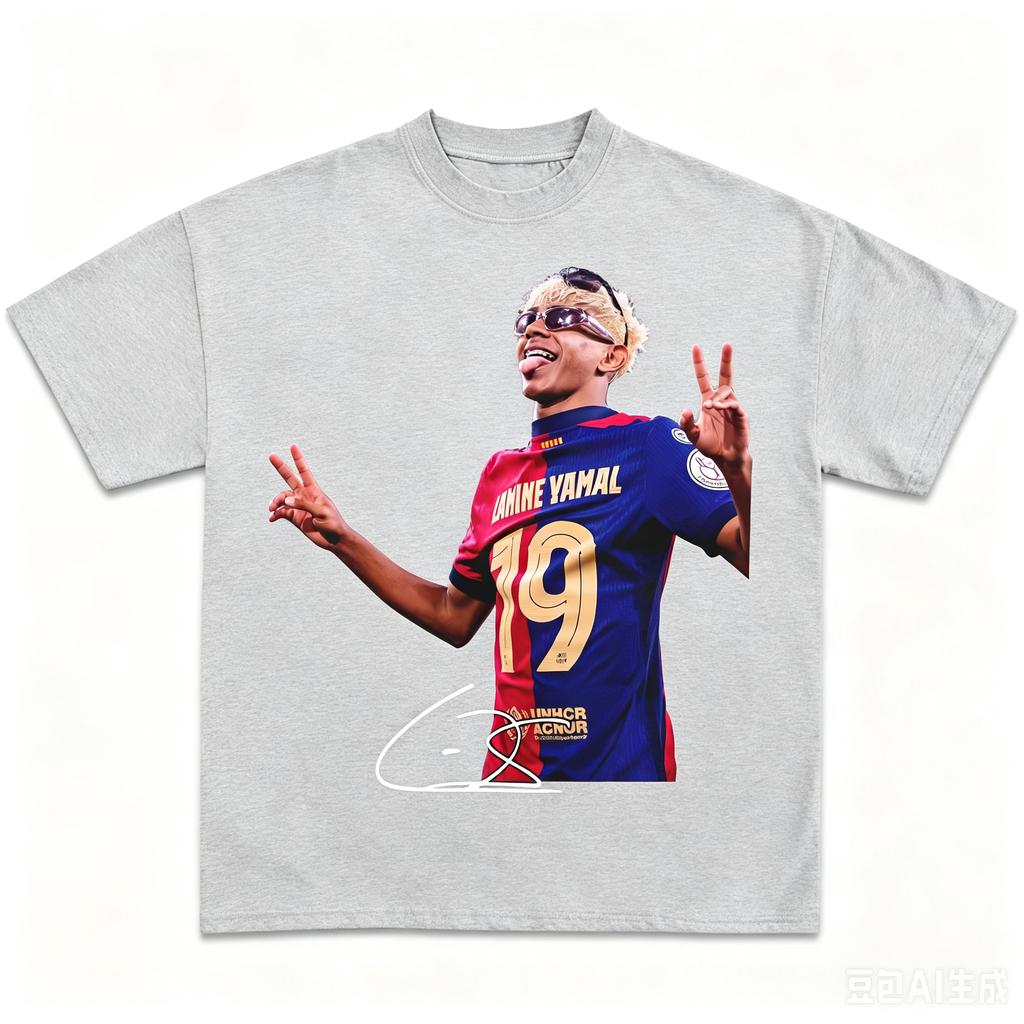 Lamine Yamal Nr. 19 Handtekening Portret T-shirt Oversized Katoen Voetbalfan T-shirt