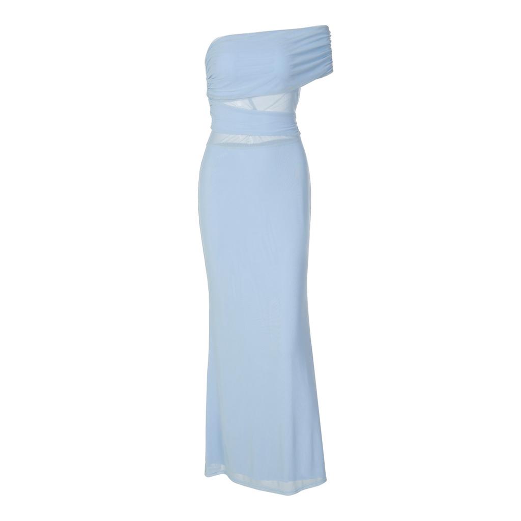 European and American women's clothing summer new fashion shoulder plugging diagonal collar slim splicing mesh perspective royal sister style dress